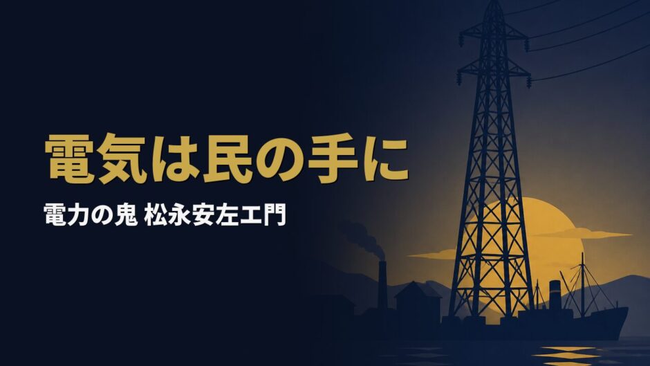 送電鉄塔と港のシルエット。電力の鬼と呼ばれた松永安左エ門を象徴するアイキャッチ画像